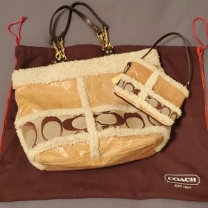 Sheepsfur and suede tan Coach purse with matching wristlet